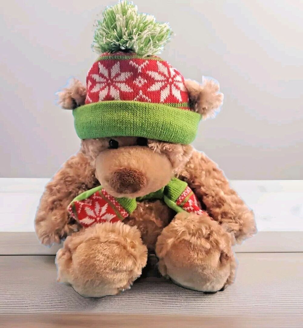 Hugfun Int'l Plush Teddy Bear Brown  Dressed Knit Hat Scarf Winter Holiday Decor